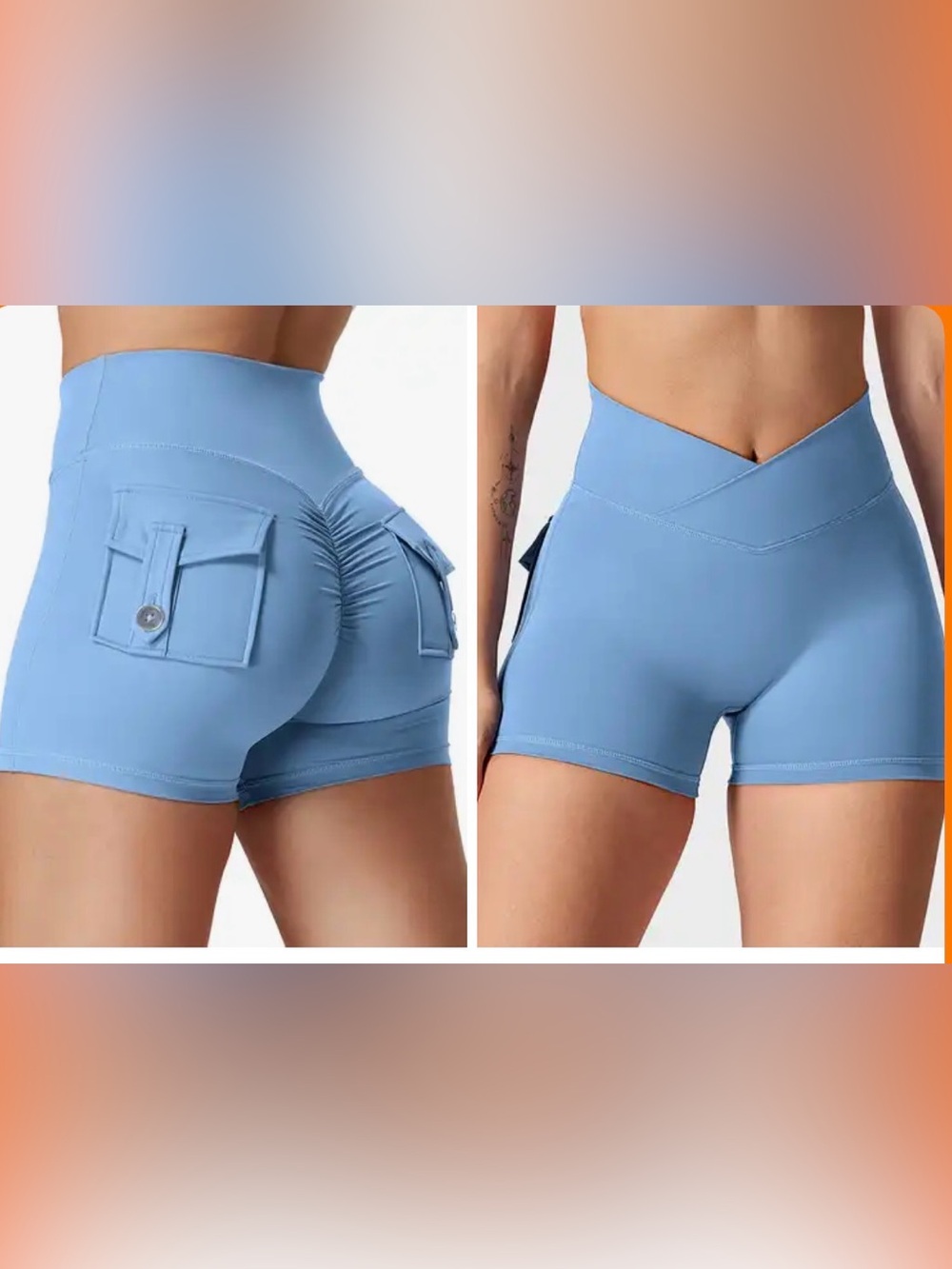 V-Cut High-Waist Ruched Pocket Athletic Shorts — Light Blue